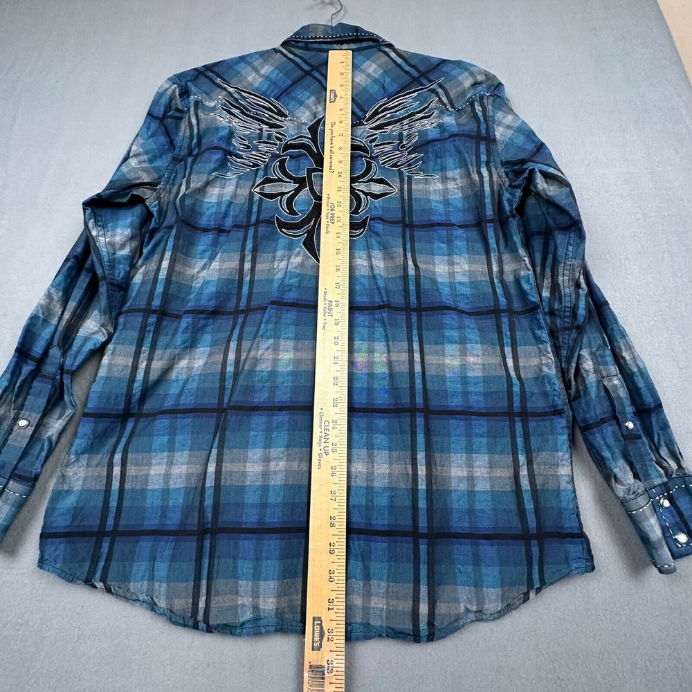 Red Ranch Pearl Snap Shirt XL‎ Blue Affliction Style Embroidered Y2K Western - Picture 11 of 14